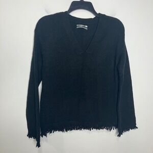 Anthropologie black v-neck fringe sweater women's size XS wool blend cozy winter